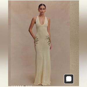 Meshki Cream Knit Maxi Dress with Sequin Sunburst Accents